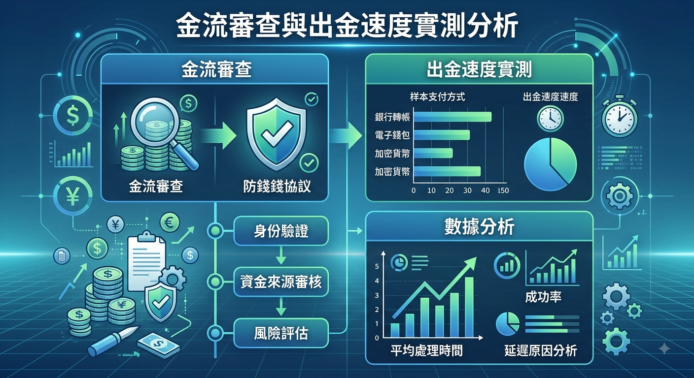 這張圖片展示了一個科技感十足的藍色數據分析圖表,主題聚焦於「金流審查與出金速度實測分析」。 畫面結合了金幣、防護盾牌、放大鏡以及多種視覺化圖表,清晰呈現資金流轉審核與處理效率的數據與流程。